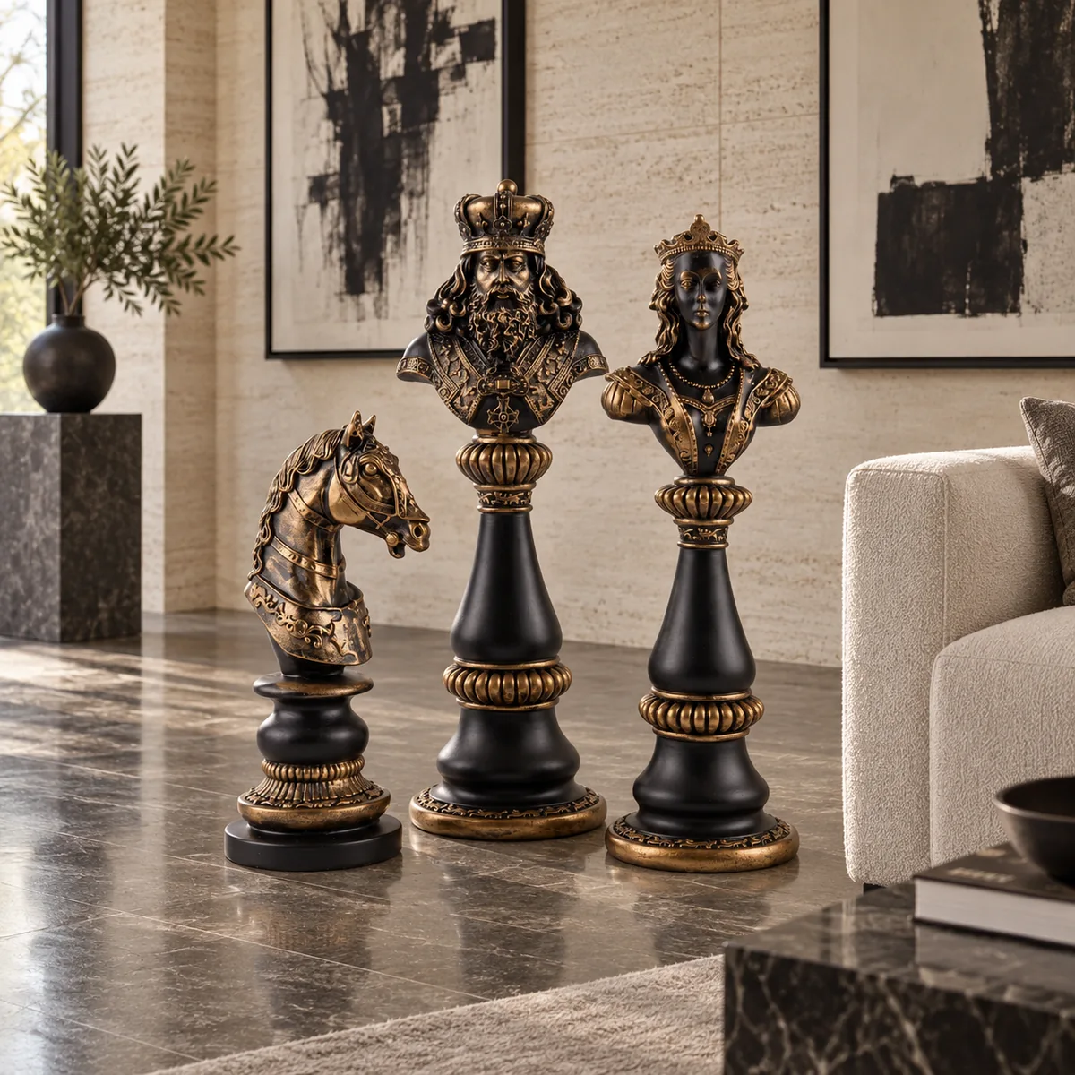 Black & Gold Chess Trio, styled in a home interior