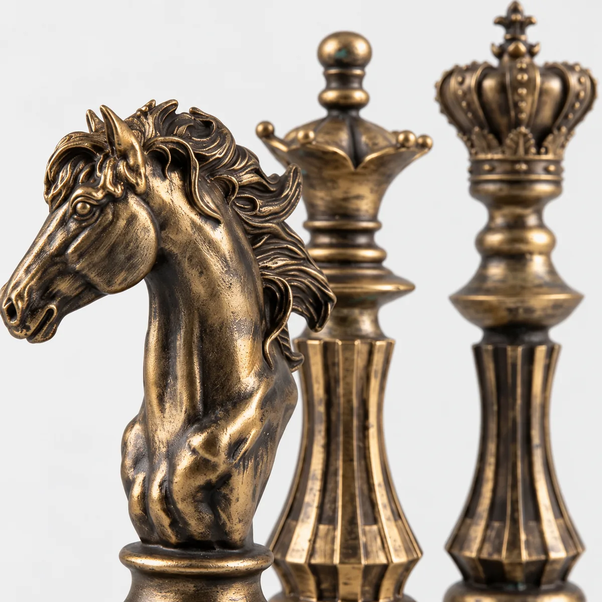 Bronze Chess Trio, close-up of surface texture and detail