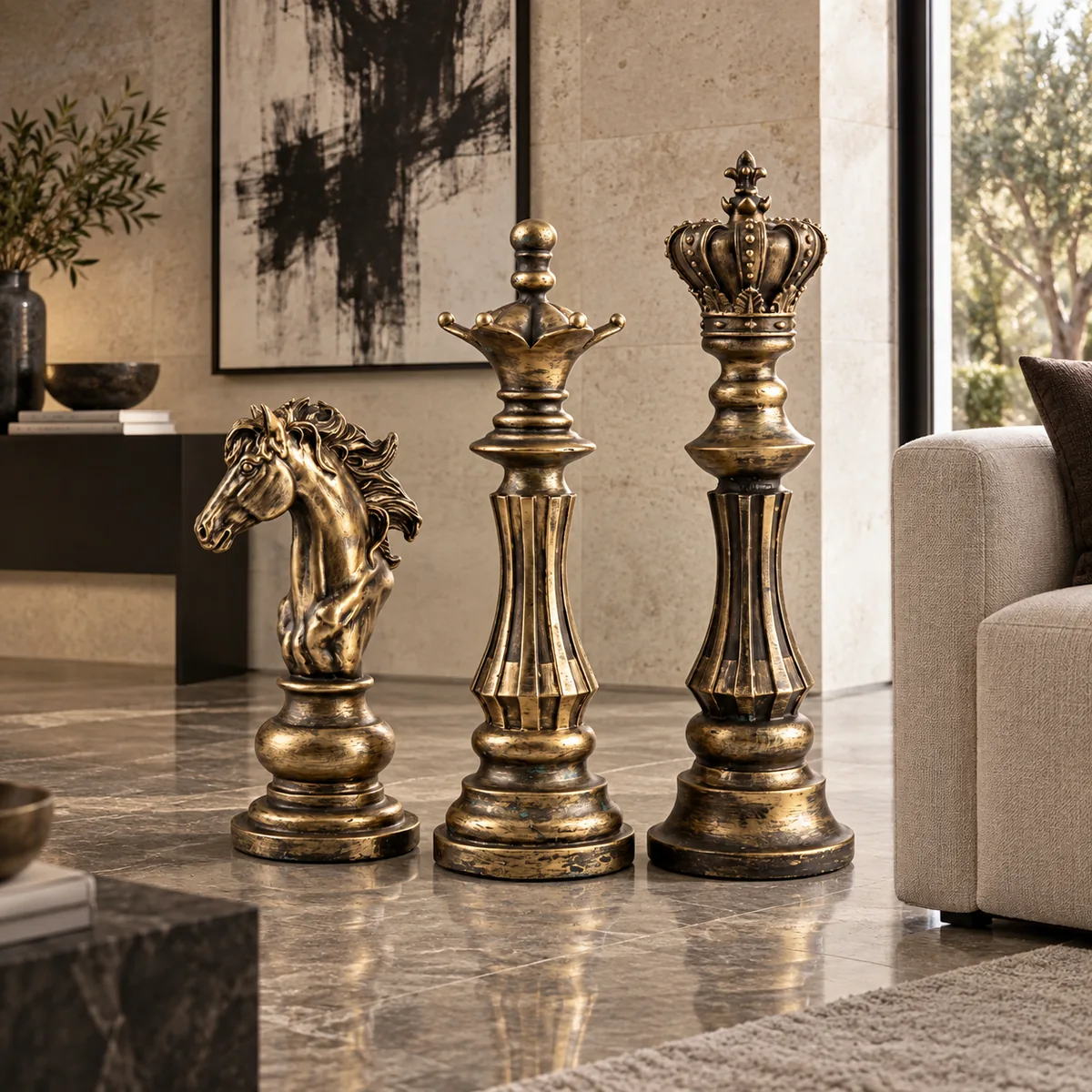 Bronze Chess Trio, styled in a home interior