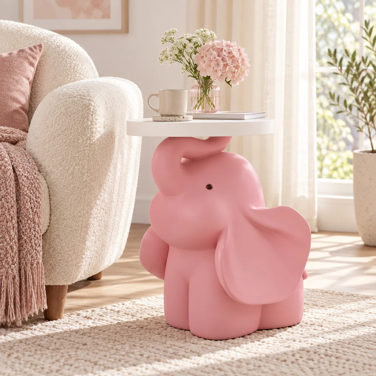 Pink Elephant Side Table, styled in a home interior